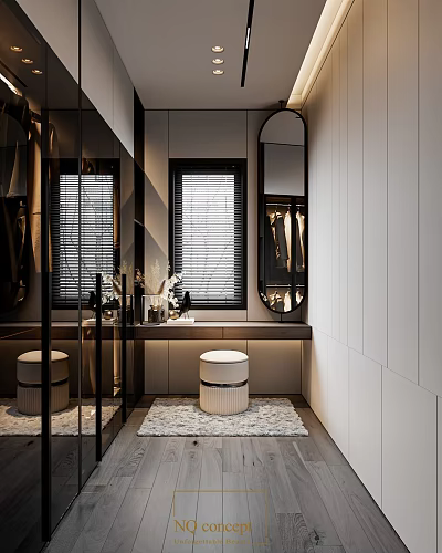 Modern Walk-in Closet Interior With Mirror Cabinets Stool Rug And Window Blinds 3d model