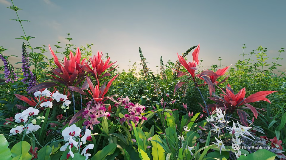 Beautiful Garden With Red Flowers White Blooms Purple Orchids And Green Plants Under Sunset Sky 3d model 