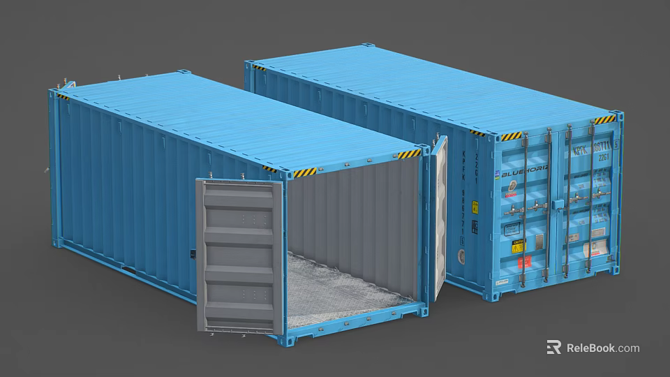 Industrial Equipment Blue Shipping Containers With Two Units Open Door Featuring Interior View 3d model 