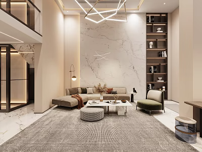 Modern Loft Living Room With Marble Wall And Geometric Lighting 3d model