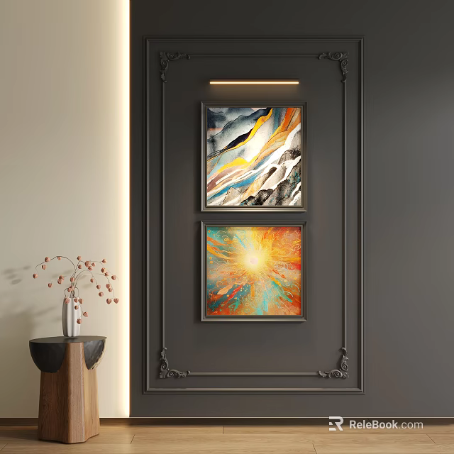 Two Abstract Paintings On Dark Wall With Colorful Brush Strokes And Decorative Vase 3d model 
