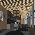 Modern Café Interior Design With Stainless Steel Counter Black Tables Chairs And Hanging Lights