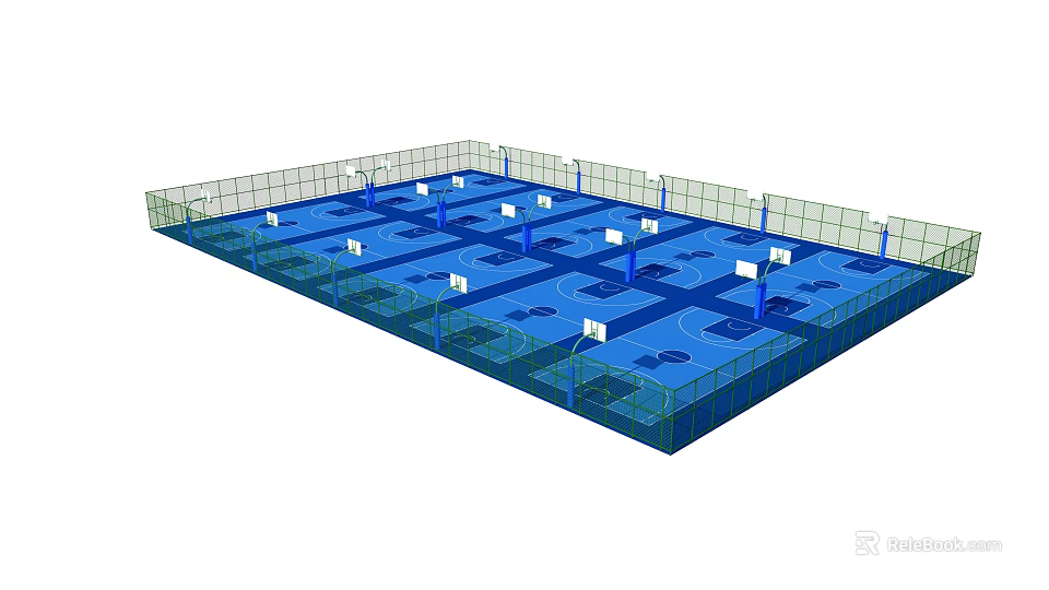 Indoor Basketball Court With Multiple Hoops Blue Flooring And Fenced Surroundings 3d model 