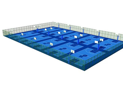 Indoor Basketball Court With Multiple Hoops Blue Flooring And Fenced Surroundings 3d model