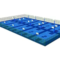 Indoor Basketball Court With Multiple Hoops Blue Flooring And Fenced Surroundings
