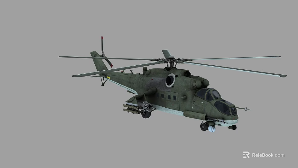 Green Military Helicopter Equipped with Mounted Weapons and Rotor Blades 3d model 