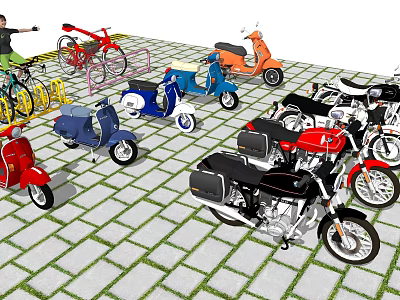 Colorful Vintage and Classic Motorcycles Parked on Brick Pavement With Green Grass 3d model