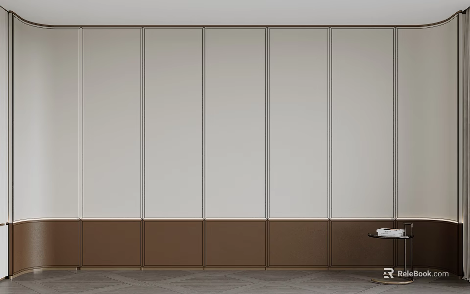Modern Bed Background Wall With White Vertical Panels Brown Lower Section And Small Side Table 3d model 