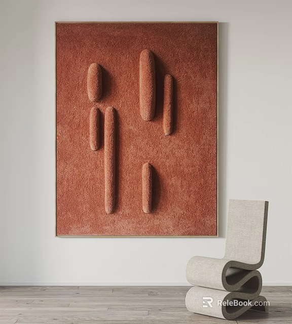 Red Textured Wall Art With Three Dimensional Stripes And Beige Chair 3d model