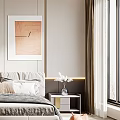 Modern Elegant Bedroom Interior With Circular Ring Pendant Lights Striped Accent Wall And White Cabinets