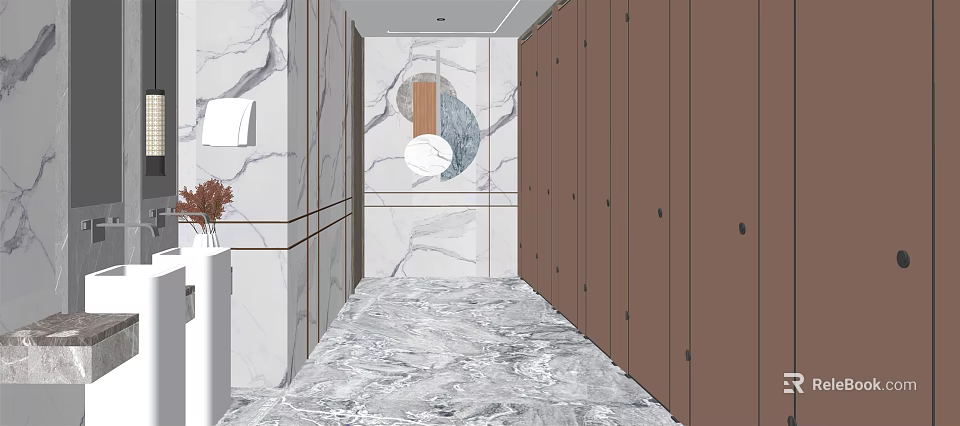 Hotel Bathroom Interior With Marble Wall Floor Brown Partitions Round Mirror And White Vanity 3d model 