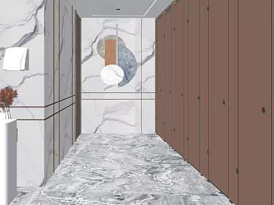 Hotel Bathroom Interior With Marble Wall Floor Brown Partitions Round Mirror And White Vanity 3d model