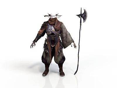 Man in Horned Helmet With Leather Armor Cloak Holding Battle Axe Fantasy Warrior 3d model