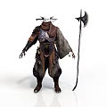 Man in Horned Helmet With Leather Armor Cloak Holding Battle Axe Fantasy Warrior