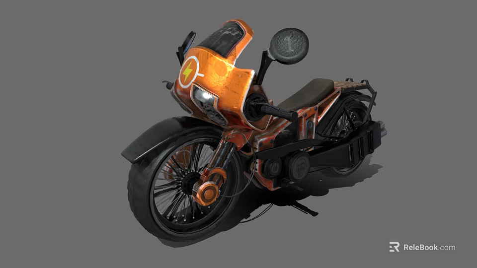 Orange Motorcycle with Retro Industrial Design Black Tires Headlight and Seat 3d model 