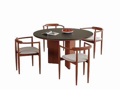 Round Wooden Table And Chair Set With Upholstered Seats And Magazine Fruit Bowl 3d model