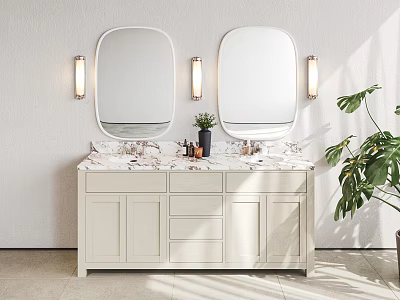 Bathroom Vanity With Two Oval Mirrors Wall Sconces Marble Countertop White Cabinet And Green Plant 3d model