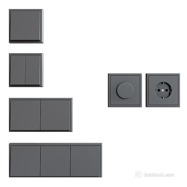 Gray Switch Socket Panel Decorative Ornament Set With Single Double Triple And Round Button Designs 3d model 