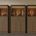 Three Decorative Wooden Buddhist Shrine Cabinets With Illuminated Buddha Statues And Carved Details