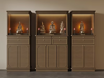 Three Decorative Wooden Buddhist Shrine Cabinets With Illuminated Buddha Statues And Carved Details 3d model
