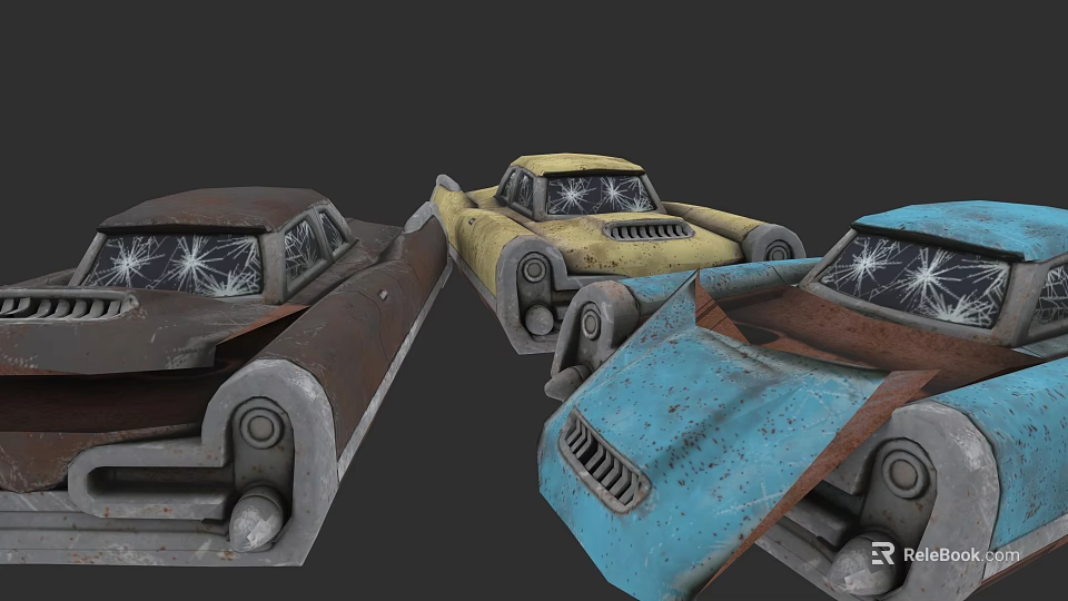 Rusty Old Cars with Broken Windows in Yellow Blue and Brown Colors 3d model 
