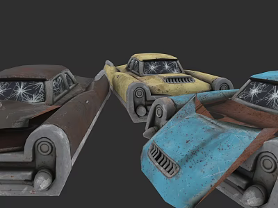 Rusty Old Cars with Broken Windows in Yellow Blue and Brown Colors 3d model
