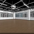 Spacious Public Office Space with Large Windows Wooden Floor and Long White Lights