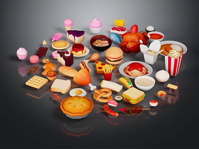 Colorful Collection Of Various Delicious Foods With Snacks Desserts And Main Dishes 3d model