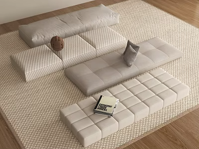 Modern Modular Floor Cushions With Striped And Plain Designs On Woven Rug 3d model