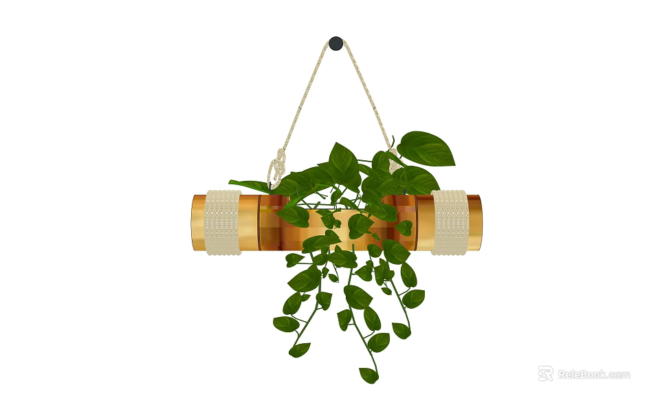 Lush Green Plant In Golden Hanging Planter With Rope And Trailing Leaves 3d model 