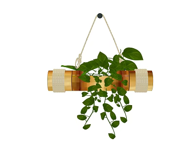 Lush Green Plant In Golden Hanging Planter With Rope And Trailing Leaves 3d model