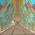 Colorful Glass Roof Curved Pedestrian Overpass With Staircase Trees And Vehicles