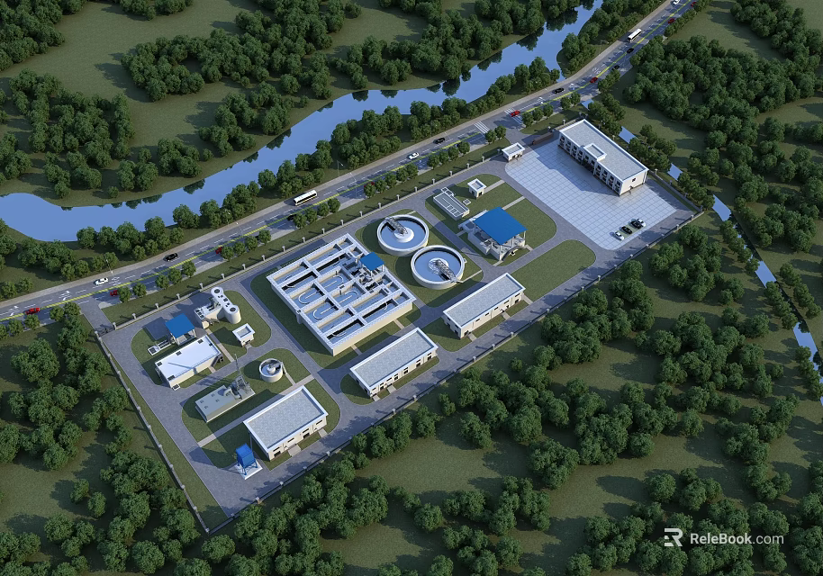 Industrial Plant Complex With Green Surroundings River Road And Multiple Buildings 3d model 