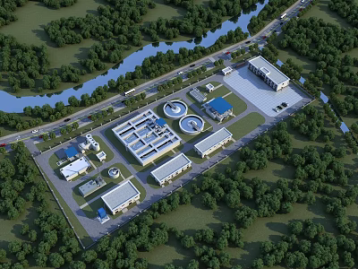 Industrial Plant Complex With Green Surroundings River Road And Multiple Buildings 3d model