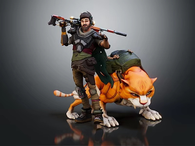 Game Character In Armor With Rifle Backpack And Orange Feline Companion 3d model