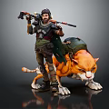 Game Character In Armor With Rifle Backpack And Orange Feline Companion