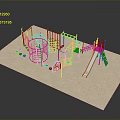 Colorful Playground Structure With Climbing Net Slide Sand Area And Red Poles