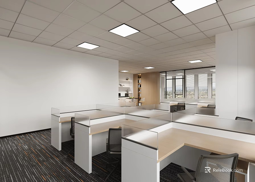 Modern Office Interior Featuring Open Workstations Desks Chairs Large Windows Ceiling Lighting And Carpet 3d model 