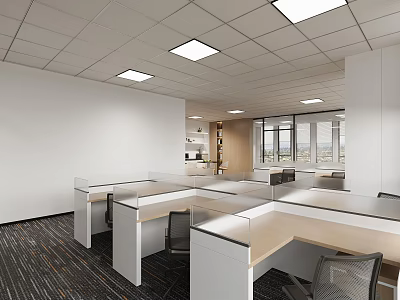 Modern Office Interior Featuring Open Workstations Desks Chairs Large Windows Ceiling Lighting And Carpet 3d model