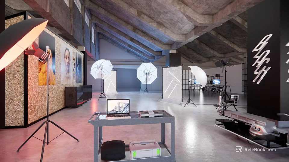 Modern Wedding Dress Store Interior With Photography Lights Tripods And Wedding Photo Displays Workstation 3d model 