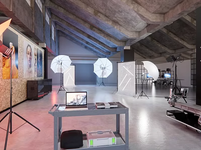 Modern Wedding Dress Store Interior With Photography Lights Tripods And Wedding Photo Displays Workstation 3d model