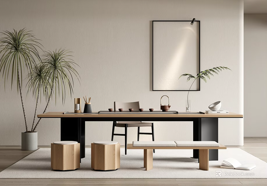 Modern Wooden Tea Table And Chairs With Black Legs Potted Plants And Wall Art 3d model 