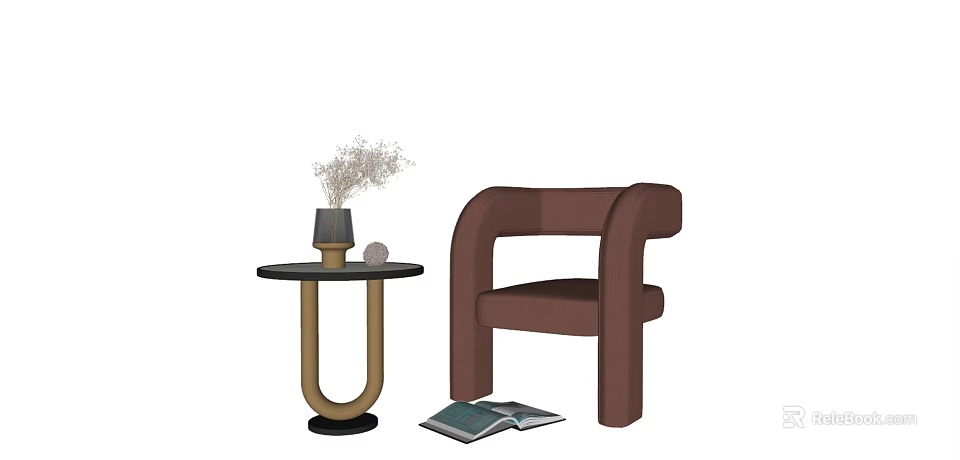 Modern Side Table With Vase Dried Flowers And Brown Chair Near Open Book 3d model 