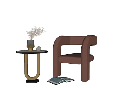 Modern Side Table With Vase Dried Flowers And Brown Chair Near Open Book 3d model
