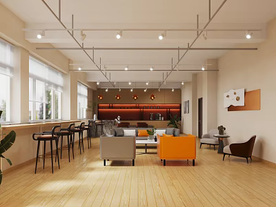 Modern Open Lounge Area Design With Wooden Floor Sofa Bar Stools And Pendant Lights 3d model