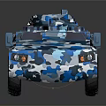Blue And White Camouflage Military Vehicle With Roof Mounted Equipment And Compact Design