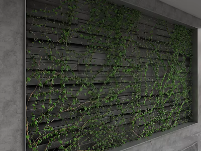 Black Wooden Plank Feature Wall Adorned With Green Vines Against Gray Background 3d model