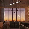 Modern Industrial Style Bar Interior With Grid Wall Pendant Lights And Dining Tables And Chairs