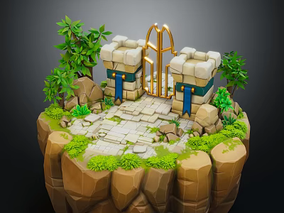 Golden Entrance Gate With Stone Towers Green Plants And Stone Pathway On Rocky Grass 3d model
