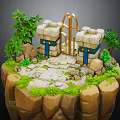 Golden Entrance Gate With Stone Towers Green Plants And Stone Pathway On Rocky Grass